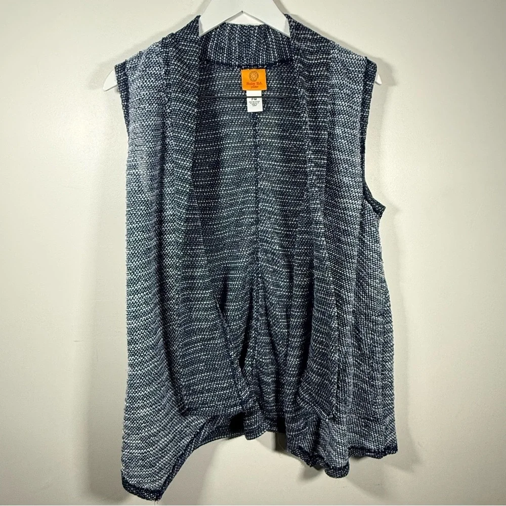 Ruby Rd Petite PM Sleeveless Open Front Knit Cardigan Blue White Textured Draped